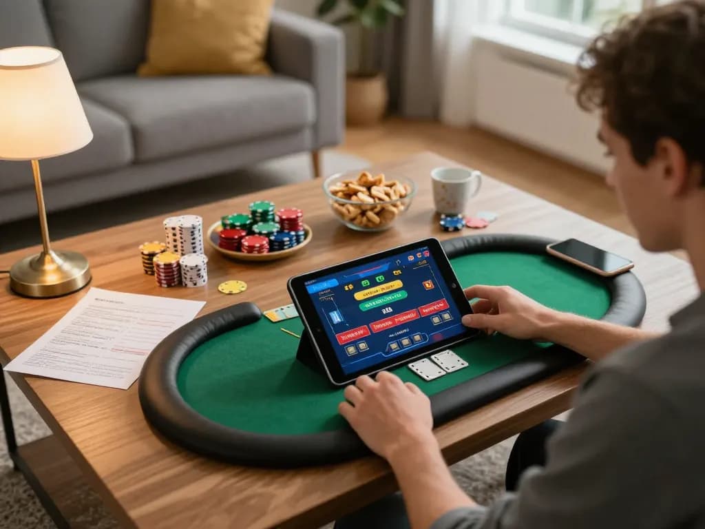 Nohu90 player enjoying online poker on tablet while strategizing with notes and snacks.