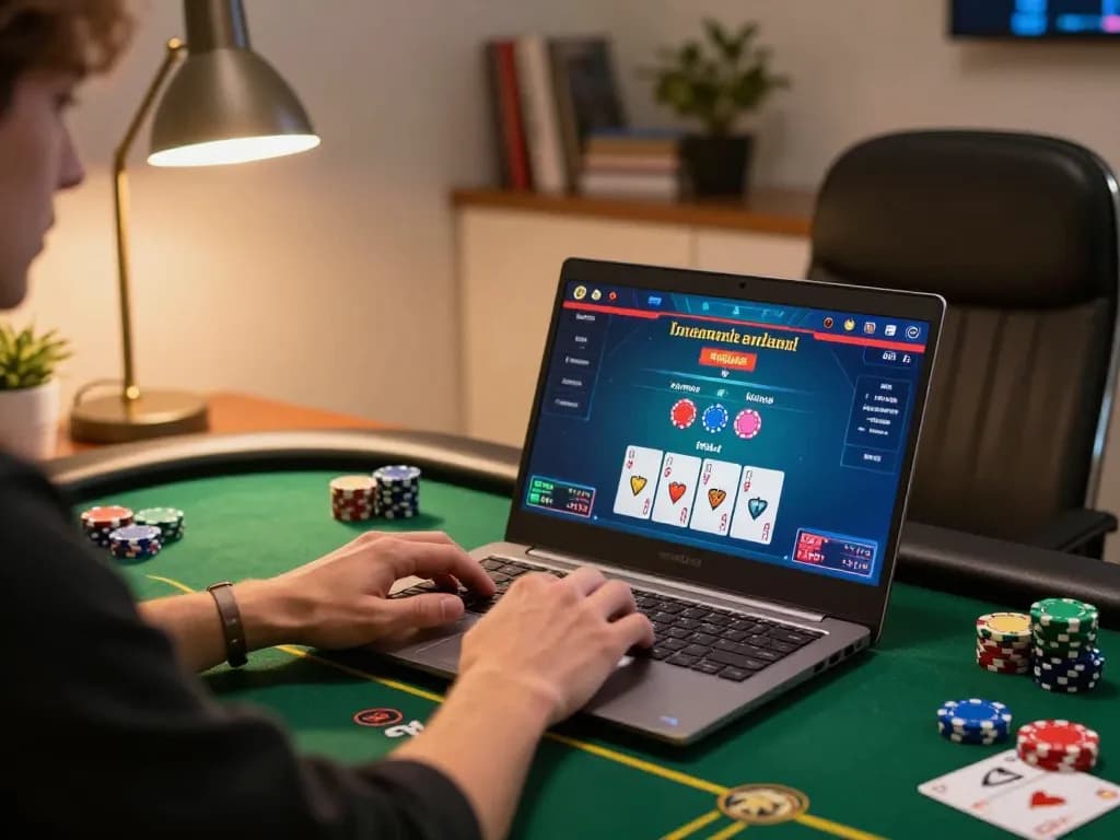 Fly88 user engaged in online poker session at home with stylish setup and warm lighting.