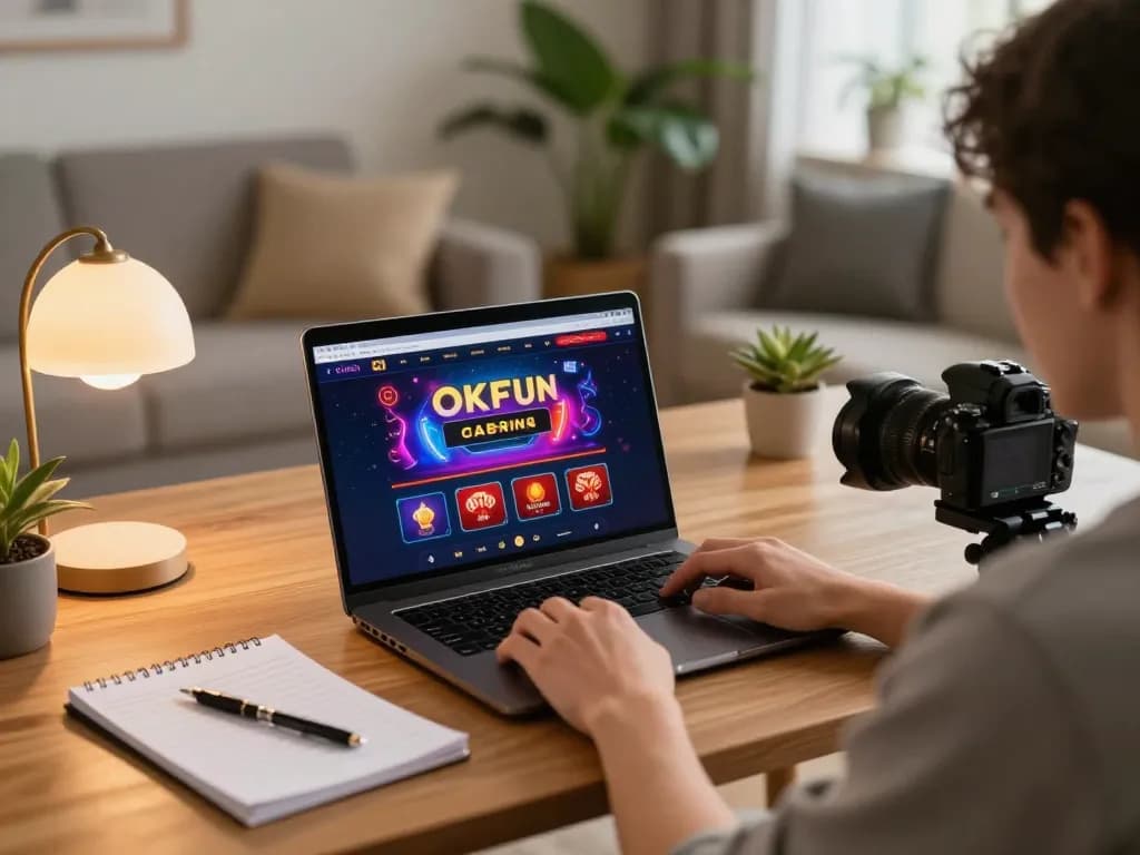 Engage in online gambling with OKFUN on a cozy home setup, showing strategic planning.