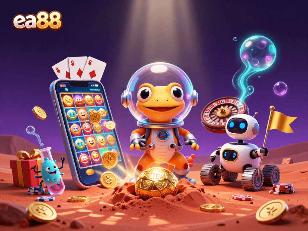 ea88 Martian gecko discovers a golden casino while surrounded by exciting slot games and vibrant casino elements.