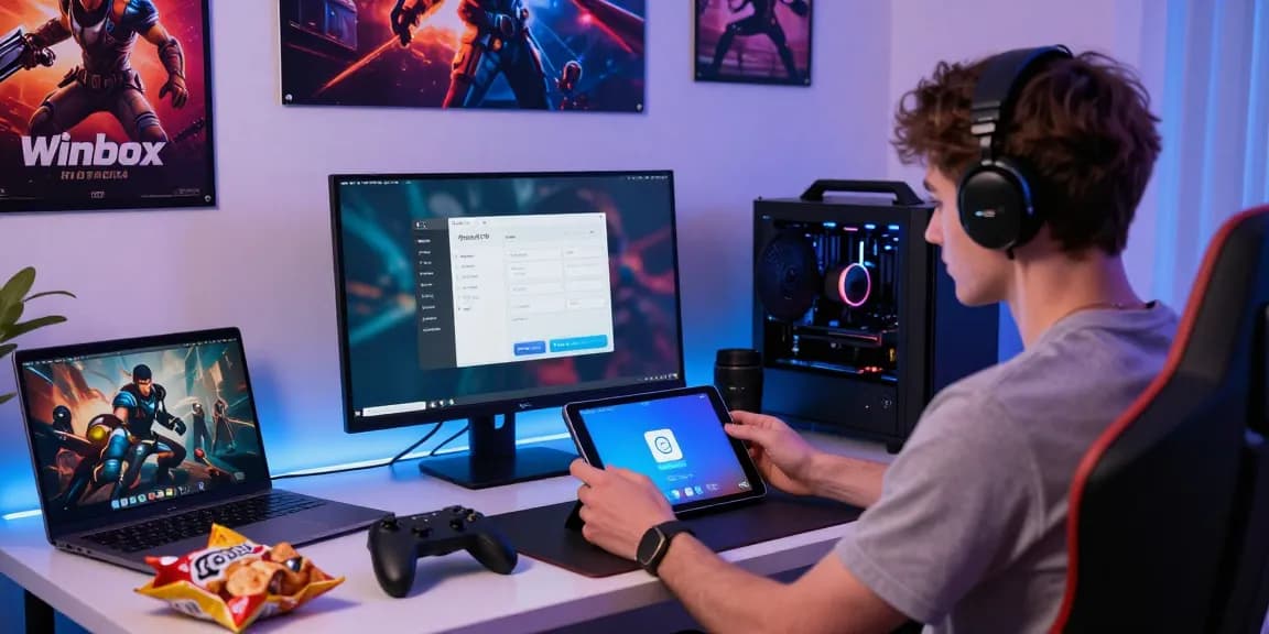 Downloading Winbox APK on an Android device in a vibrant gaming workspace.