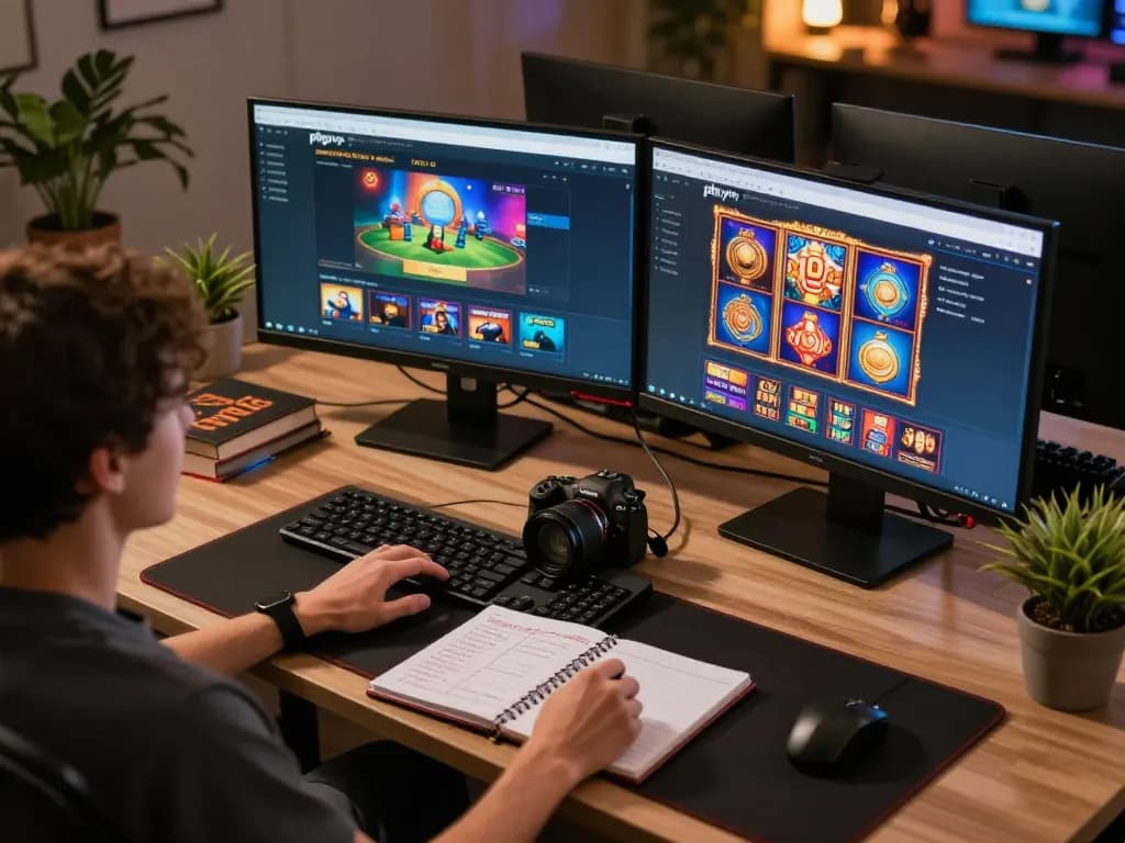 Player engaging with phpvip online casino setup, showcasing vibrant games and strategic notes for effective betting.