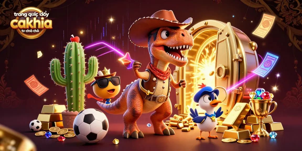 Experience the excitement of trang trực tiếp cakhia tv chính thức with a cartoon T-Rex and dynamic gambling elements.