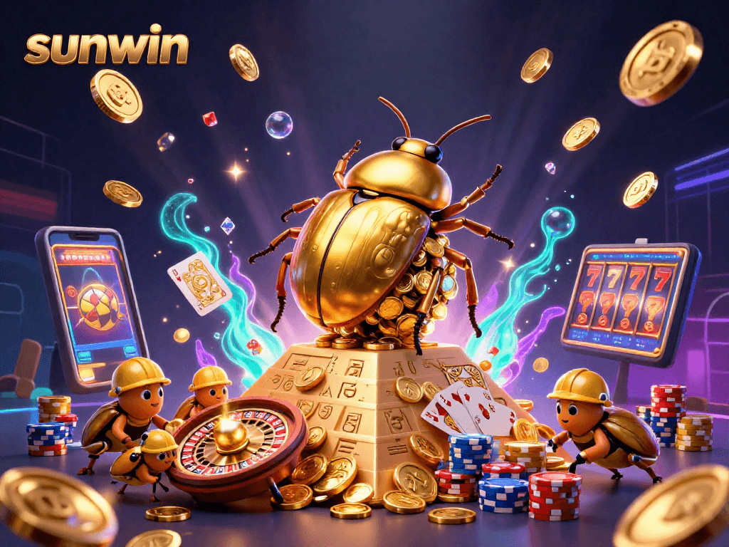 Sunwin showcases exciting casino action with beetles rolling golden coins and vibrant gaming elements.