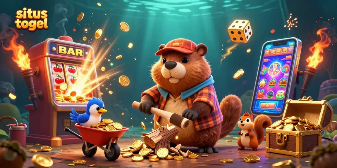 Engage with situs togel through a vibrant 3D casino-themed illustration featuring cartoon beavers and gold coins.