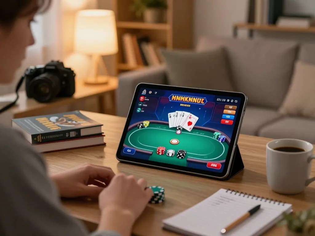 GVUI player strategizing while engaging in an online poker game on tablet, showcasing a cozy home setup.