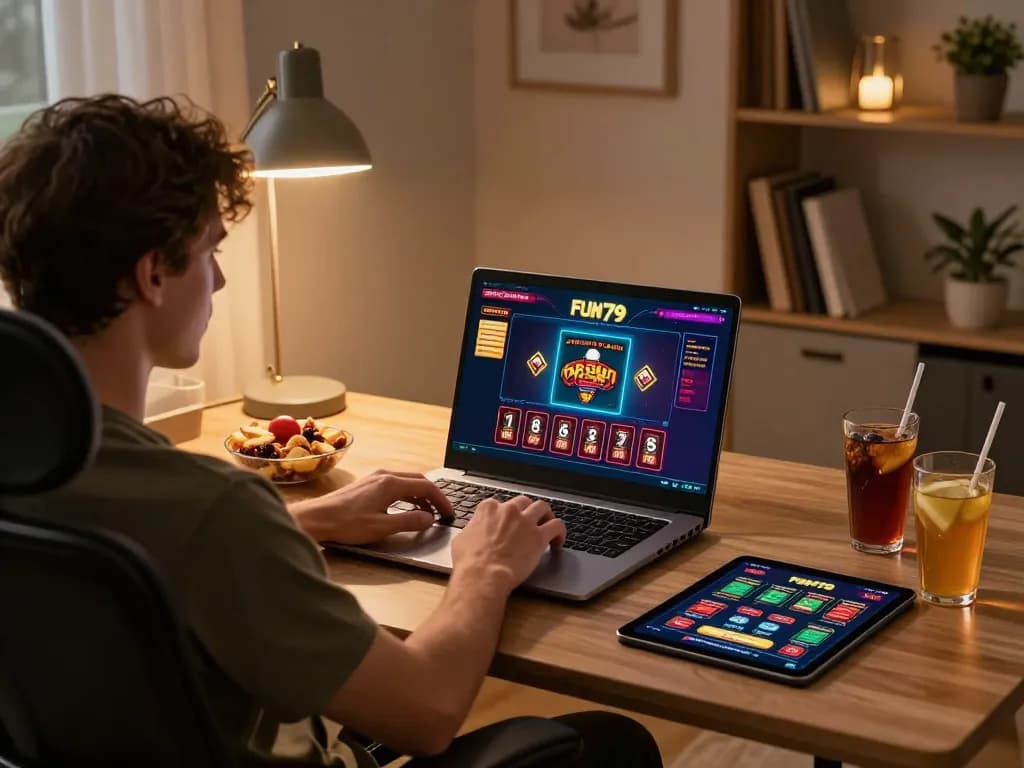 Engaged player analyzing fun79 casino interface using laptop, relaxed home gaming atmosphere.