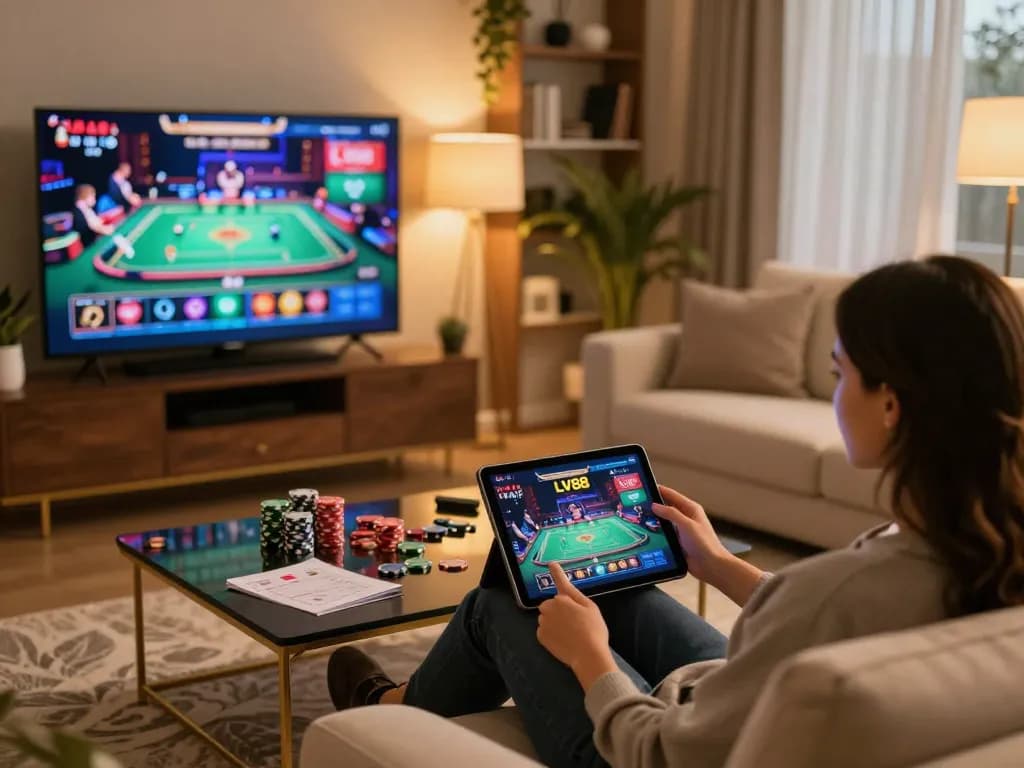 Engaging with LV88 trang chủ on a tablet for an immersive online casino experience in a cozy setting.