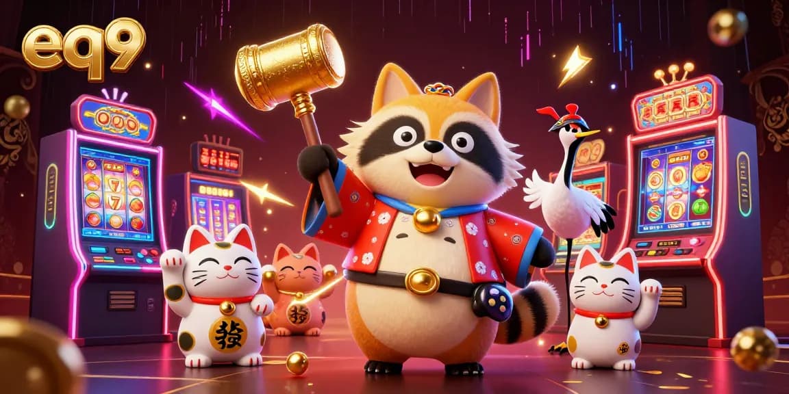 Spin the reels at eq9 Casino with a cheerful tanuki and lucky symbols in a vibrant scene.