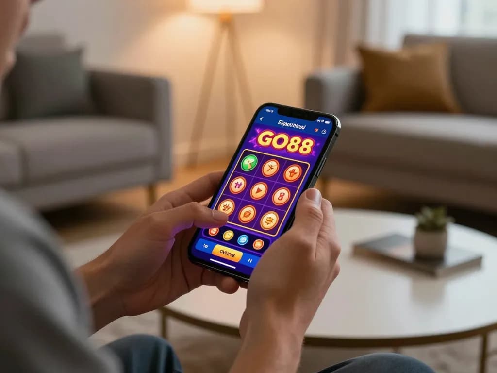 Engaging in go88 live online gaming with colorful app display on smartphone in modern home.
