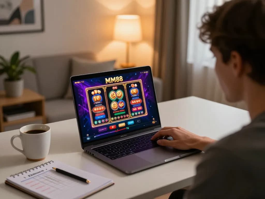 Player engaging with MM88 online casino platform at home, showcasing gaming setup and responsible gambling.