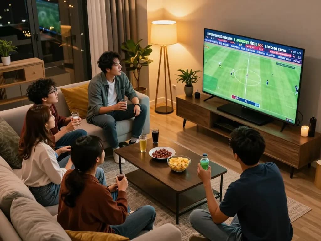 Kết quả bóng đá displayed during an intense home sports betting night with friends, capturing excitement.