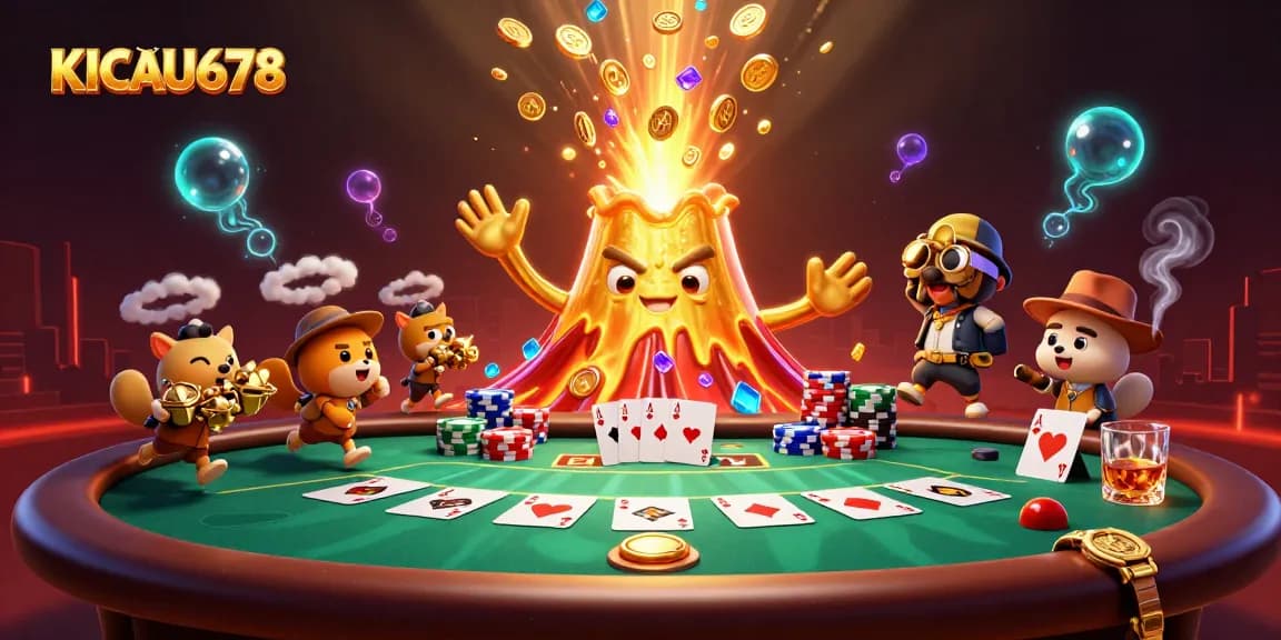 KICAU678 showcases a triumphant golden volcano, coins, and poker elements in an exciting gambling scene
