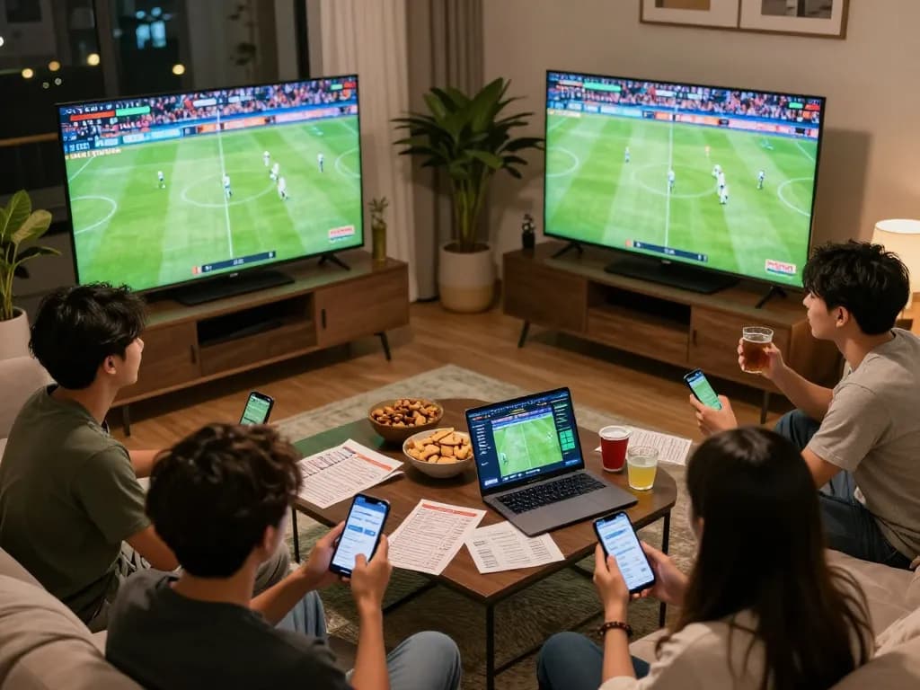 Friends enjoying sports betting excitement at home with bongdalu app on display