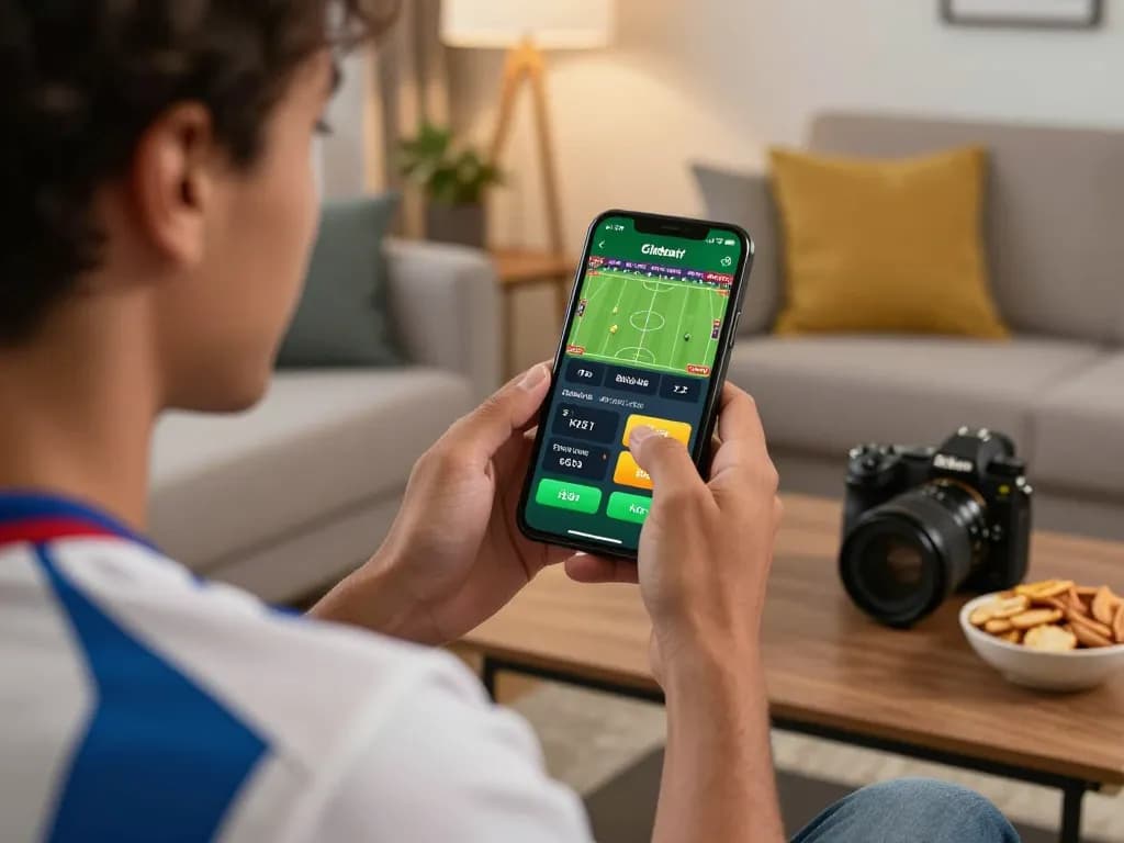 7mz sports betting action with a person using a mobile app in a lively home setting.