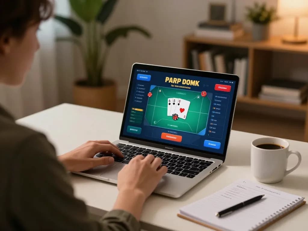 OKFUN poker game strategy being analyzed on a laptop in a cozy home setting.