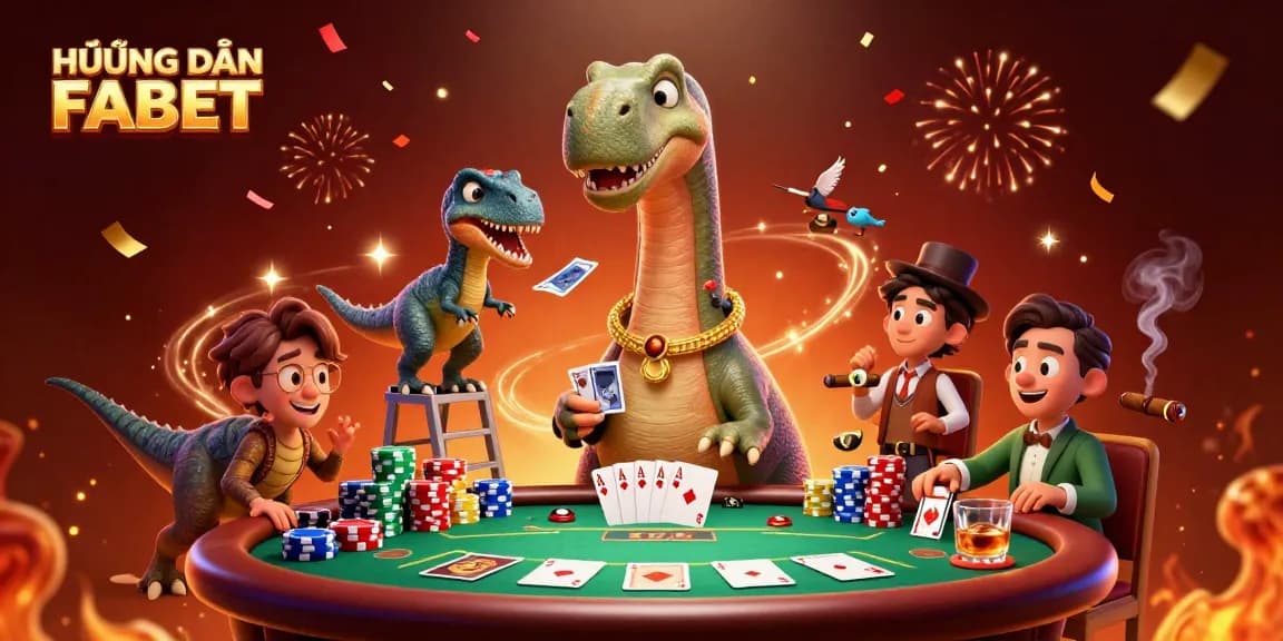 Experience HƯỚNG DẪN FABET in a vibrant casino scene with dinosaurs and poker action.