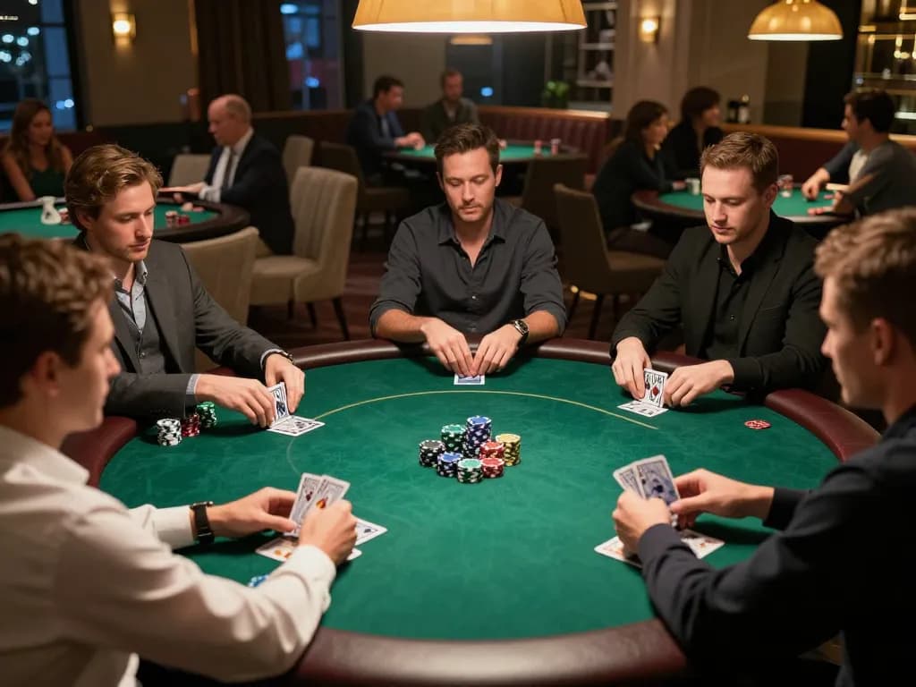 Players engaged in an exciting poker game at bong88viva's stylish lounge with elegant decor and vibrant atmosphere.