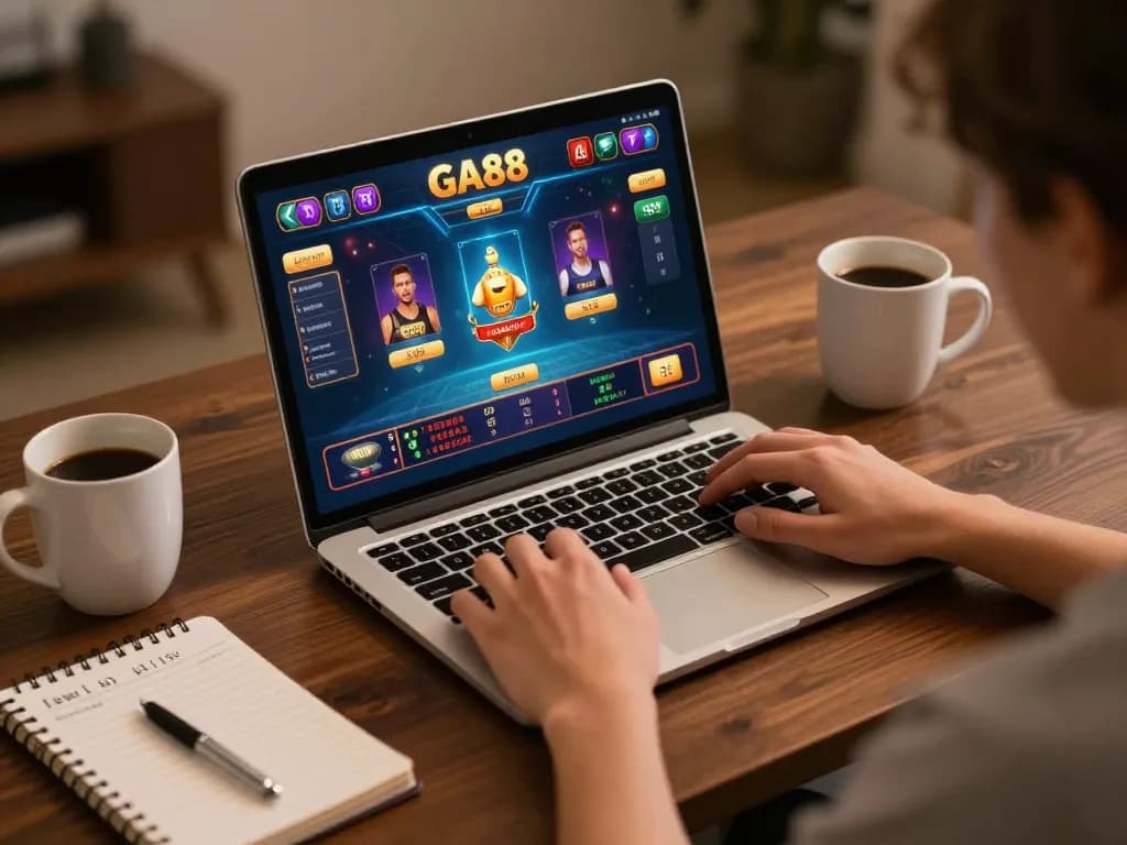 Engaging in strategic online gaming with GA88 interface visible on laptop screen for responsible gambling