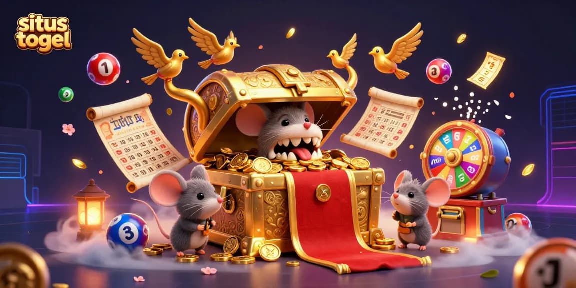 Engage in situs togel with a vibrant lottery scene featuring adventure mice and golden prizes.