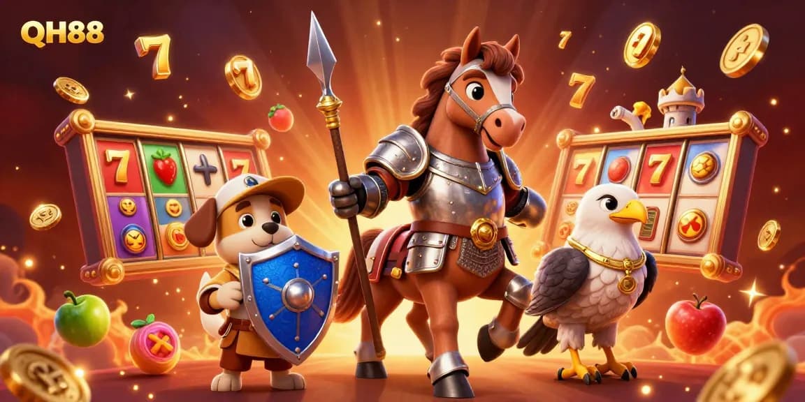 Engage with QH88's thrilling gaming experience featuring a knight and lively slot symbols.