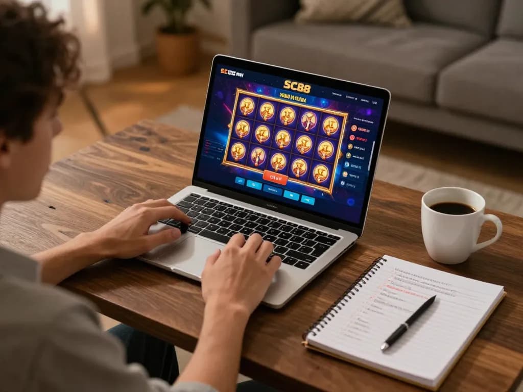 Player analyzing strategies while enjoying SC88 online casino gaming in a cozy setup
