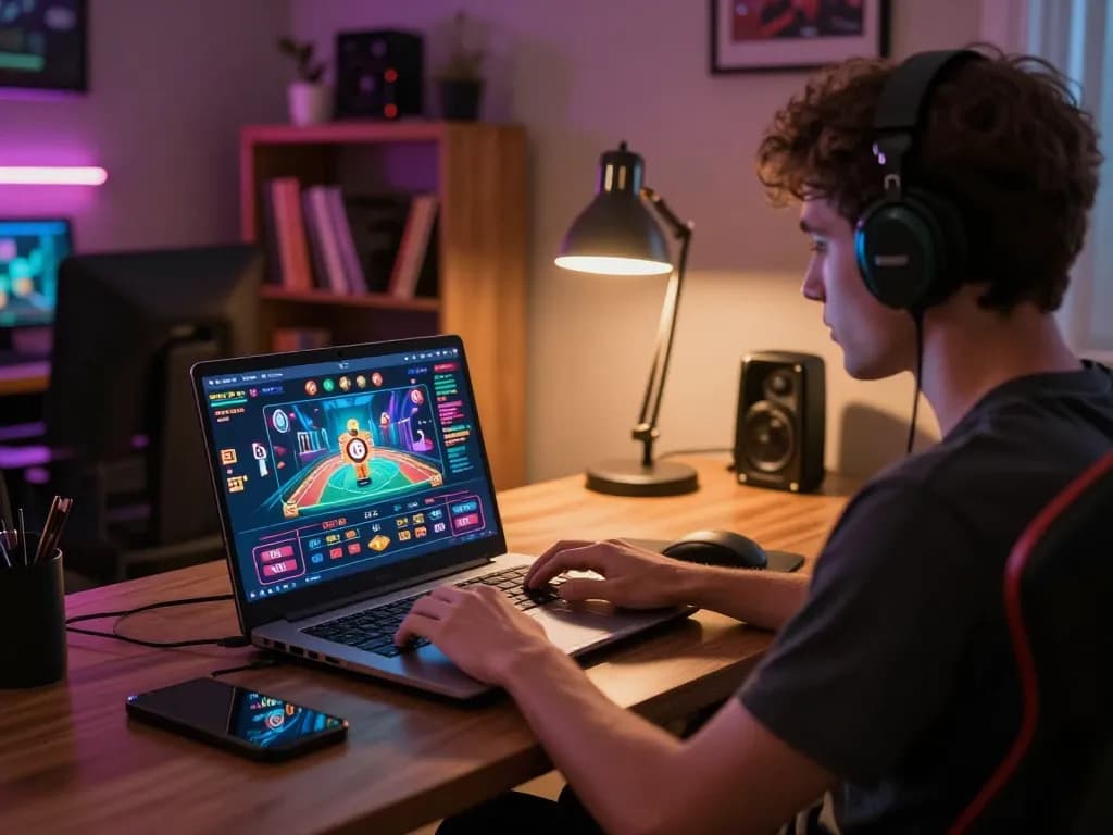 Engaging with the link vào o8 online gaming platform, showcasing laptop display and cozy workspace ambiance.