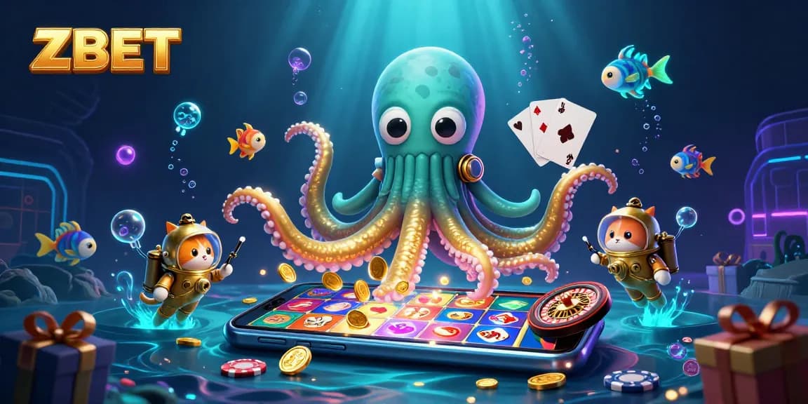 ZBET features a colossal kraken and diving cat in a colorful online casino scene with spinning slots.