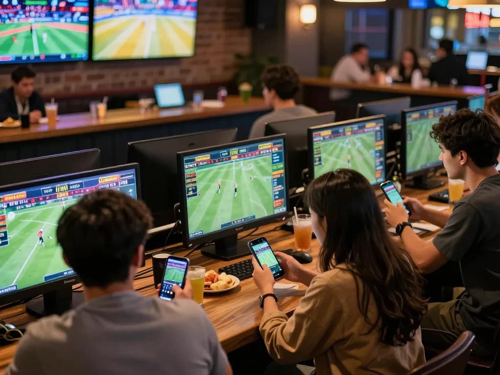 Friends enjoying sports betting at FUN79, analyzing odds and strategies in an engaged environment.