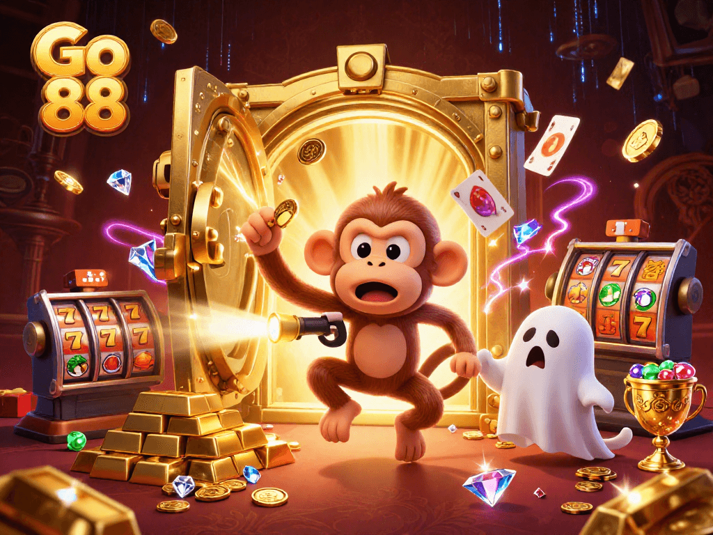 Go 88 features an excited poltergeist monkey juggling gold in a haunted casino scene.