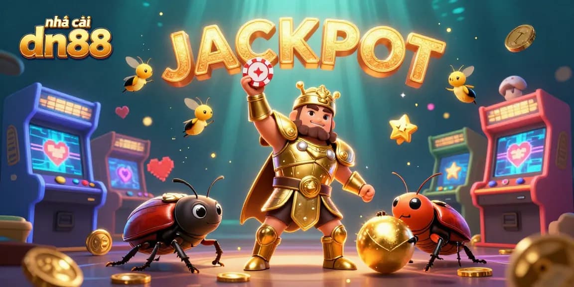 Engage with action at nhà cái dn88, where a victorious beetle lifts a poker chip amidst dynamic gaming elements.