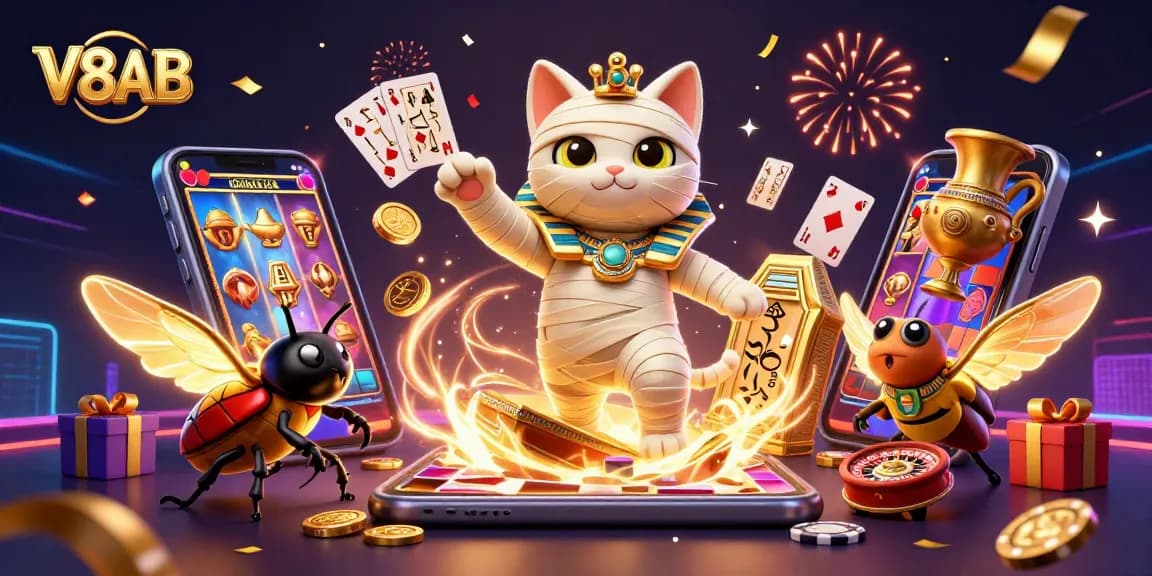 Experience thrilling wins at V8AB with an Egyptian mummy cat and golden casino elements.