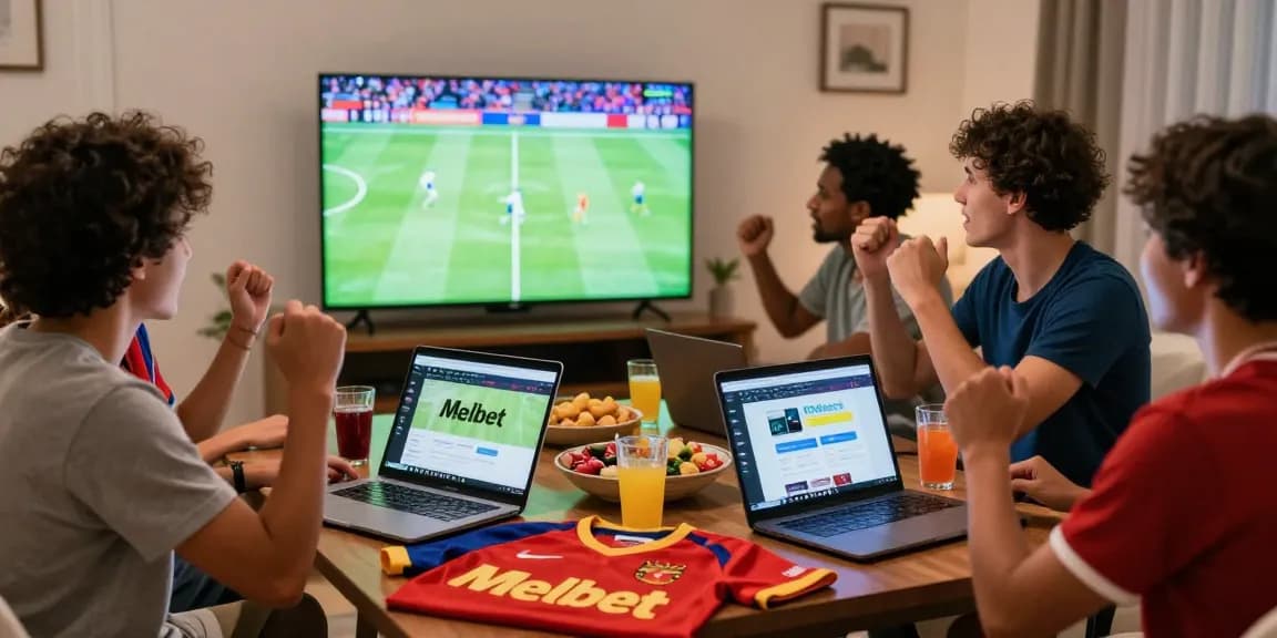 Excited group celebrating with online betting on Melbet Paraguay in cozy living room