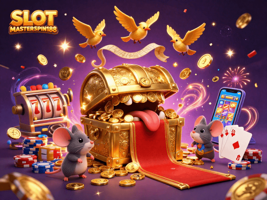 Engage in the excitement of SLOT MASTERSPIN188 with dynamic slot reels, sparkling treasures, and playful mice!