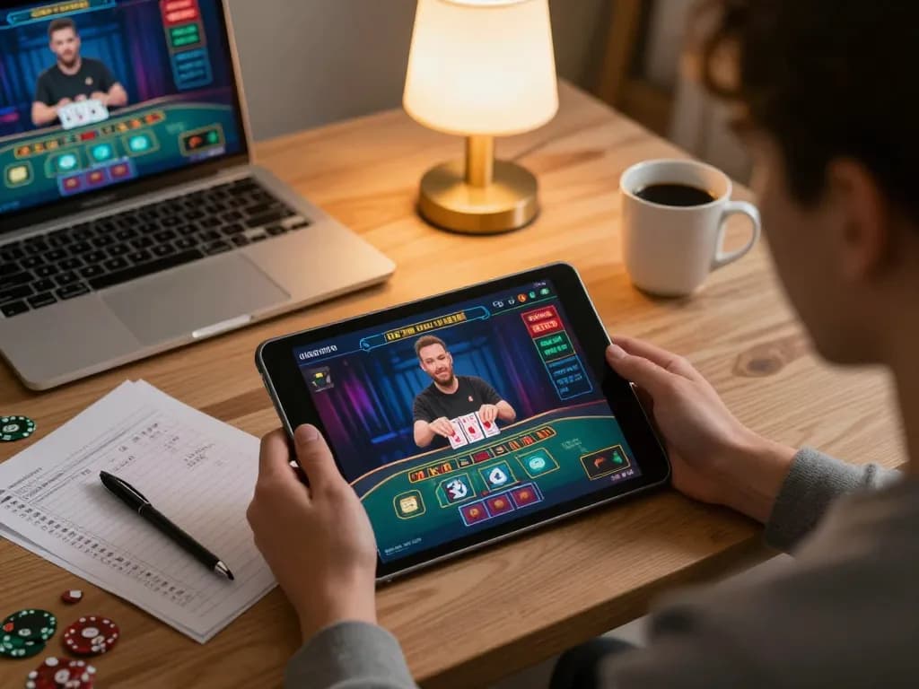 Engaging online gaming session with kjc, showing a player strategizing on a tablet in a cozy setting.