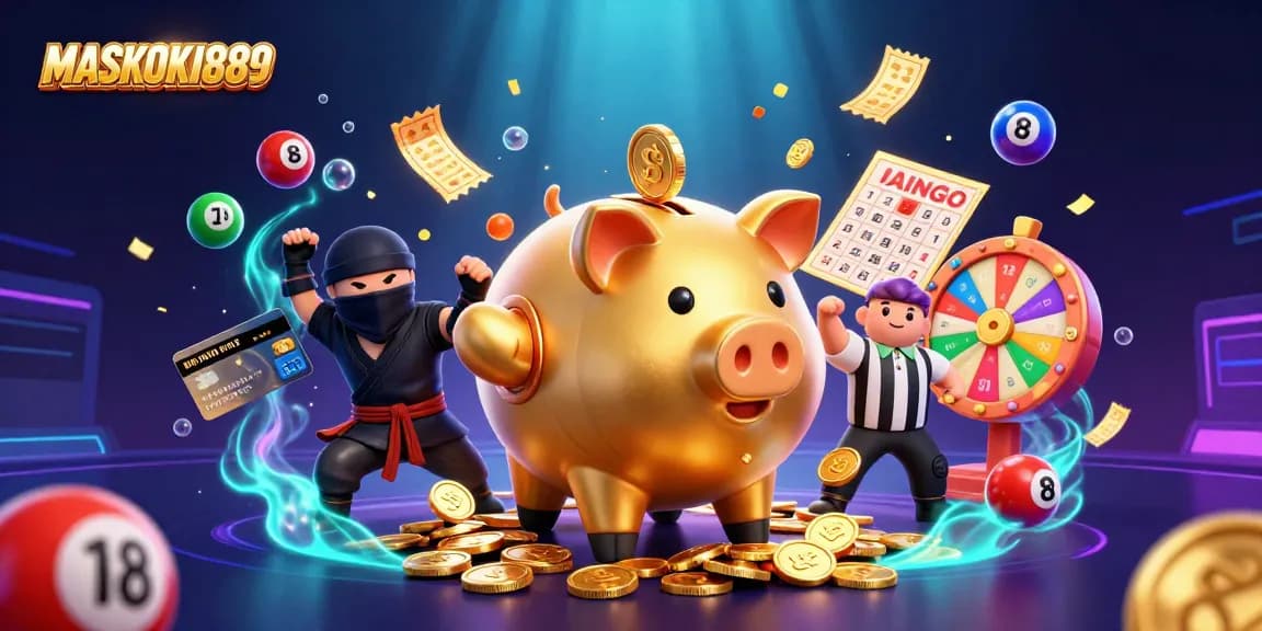 Experience the excitement of MASKOKI889 featuring a lively scene with casino elements and vibrant game symbols.
