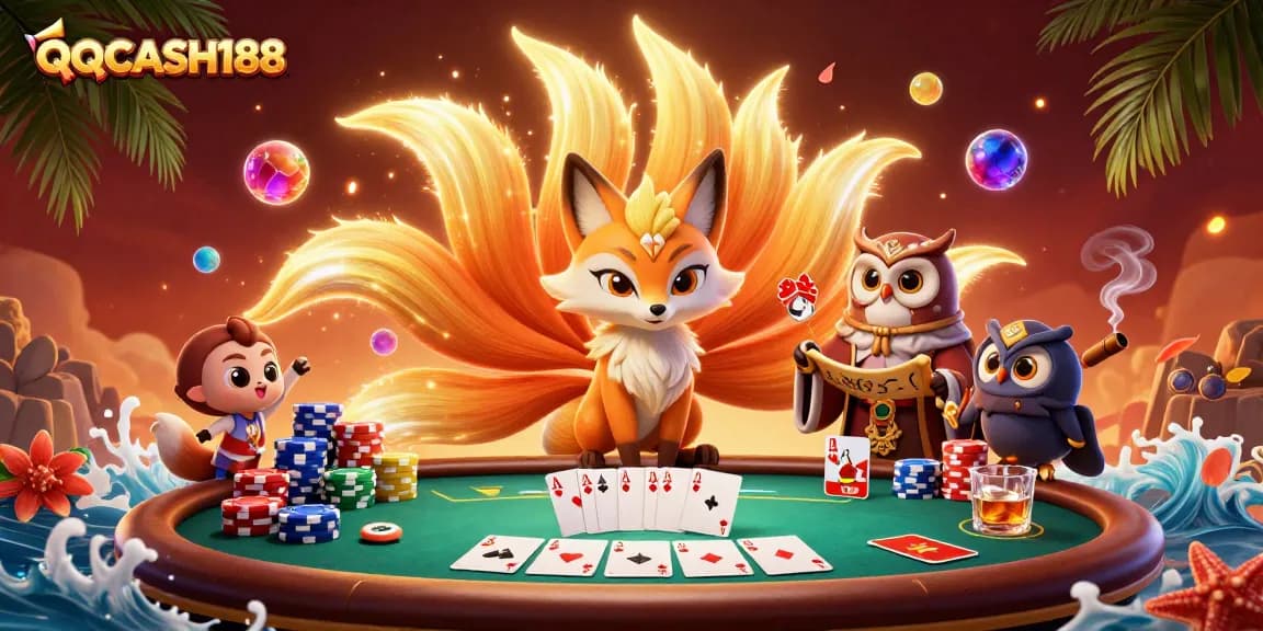 Engage with QQCASH188 in this vibrant casino scene featuring a nine-tailed fox and poker elements.