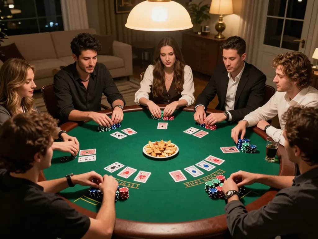 Friends playing poker at home while enjoying lu88. com gaming strategies and camaraderie.