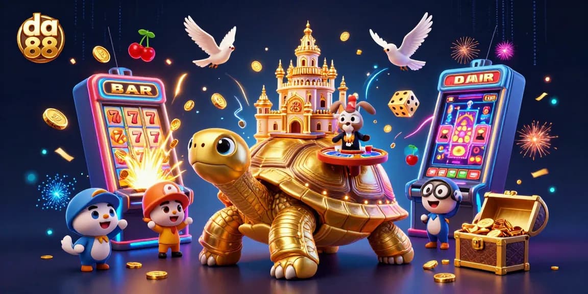 Experience the thrilling da 88 casino adventure with golden tortoise, card dealer, and jackpot action.