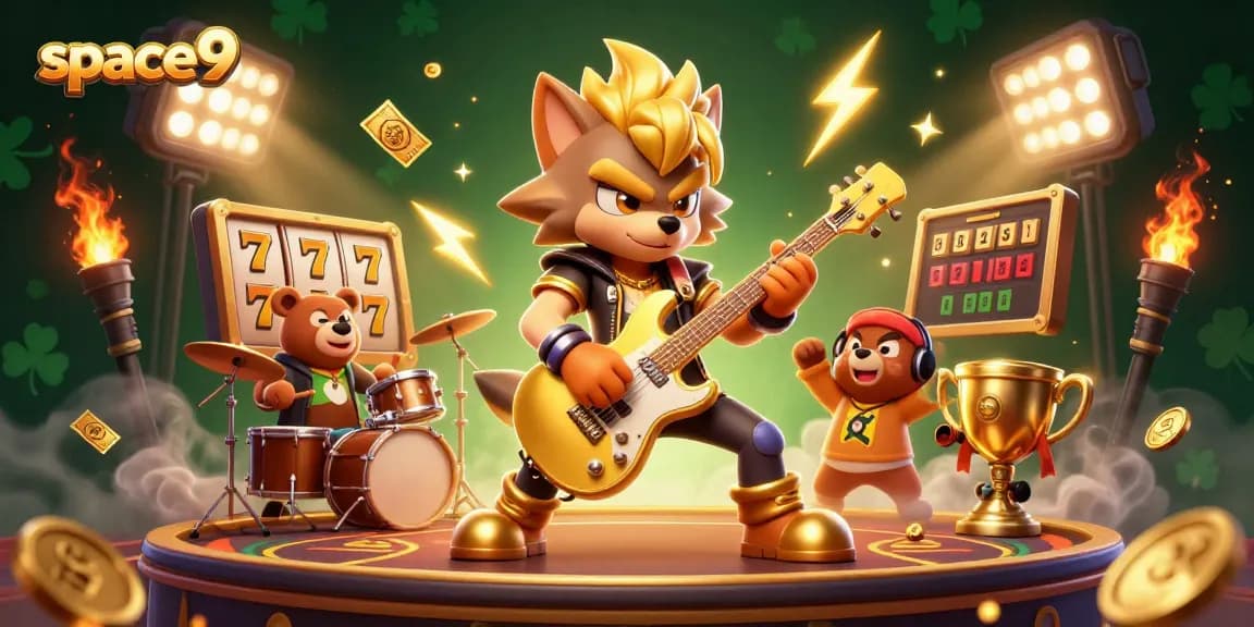 space9 casino thrills with an energetic wolf and bear on stage, surrounded by slot game elements