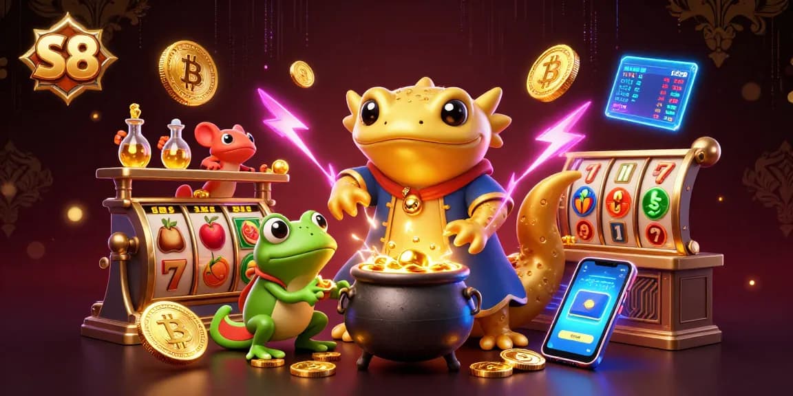 Engage in thrilling games at S8 with gold coins and dynamic slots in a vibrant casino scene.