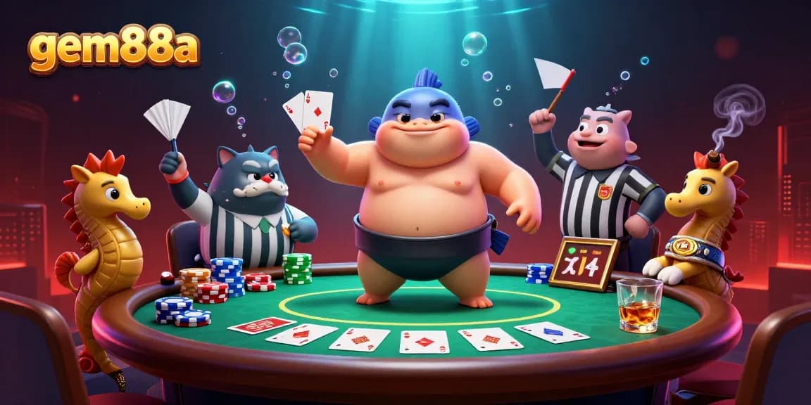 Experience thrilling gameplay at gem88a with a lively underwater poker scene featuring animated characters.