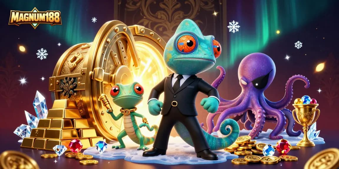 Experience thrilling betting action with MAGNUM188's dynamic gambling scene featuring colorful characters and luxurious treasures.