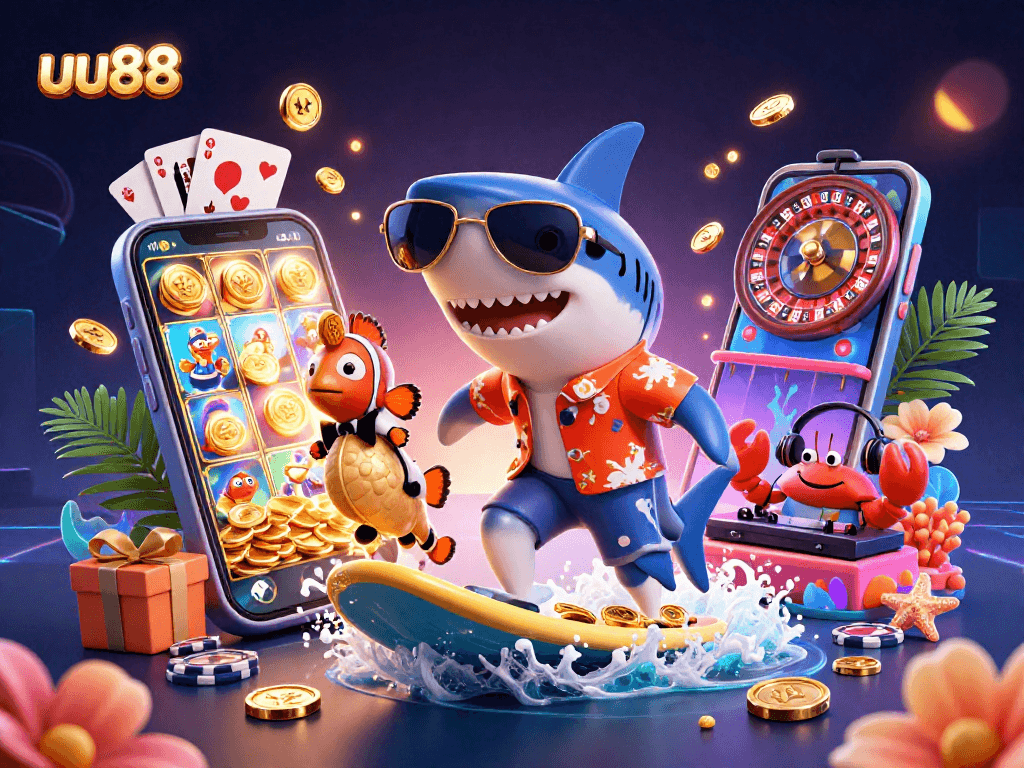 Experience thrilling gaming action at uu88 with a colorful casino-inspired scene filled with vibrant characters and elements.