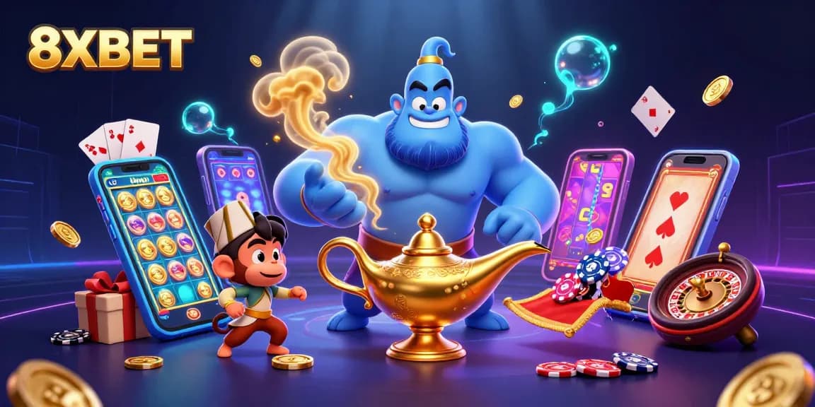 Experience the thrill of 8XBET with a magical genie scene bursting with slot games and poker chips.