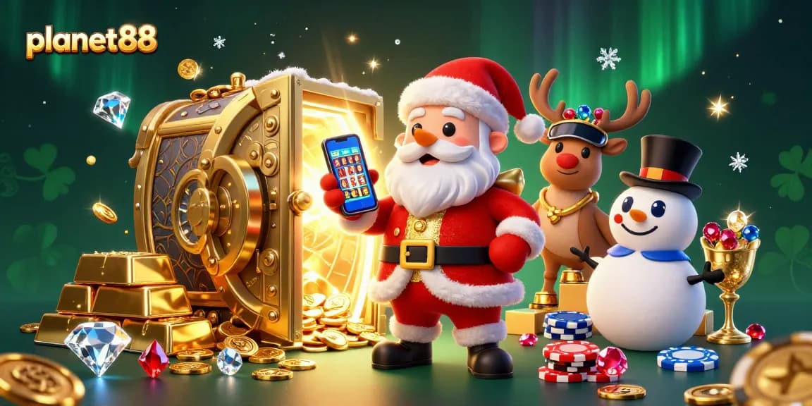 Experience winning slots at planet88 with a festive Santa and friends amidst a jackpot-rich scene.