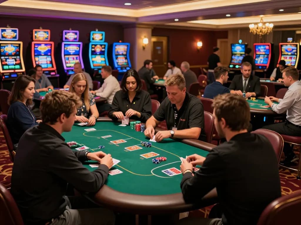 Engaged players at a poker table in an upscale casino, highlighting the excitement of strategic gameplay, s8 included.