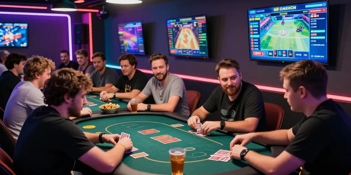 Permainan kartu seru di lounge game 68gb dengan banyak pemain menikmati suasana.