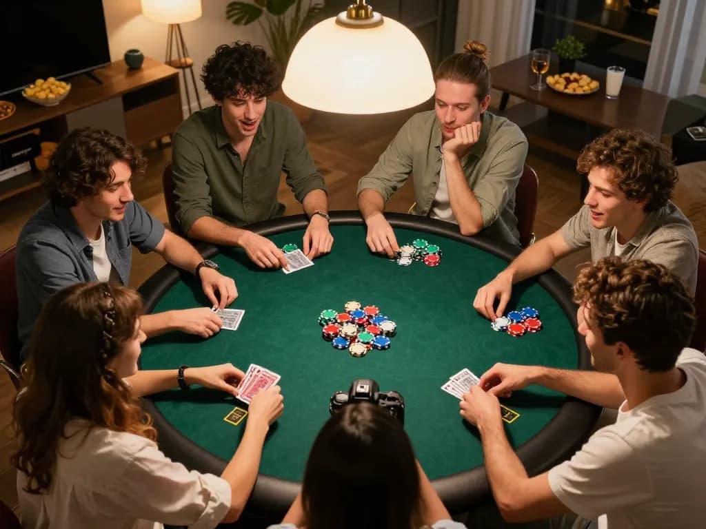 Players enjoying exciting poker action during a home game night with colorful chips and cards in play