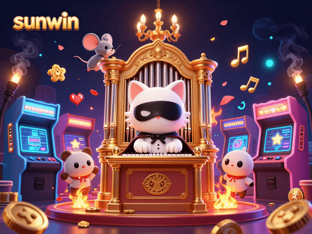 Engage with sunwin's vibrant casino scene featuring a phantom cat and acrobat mouse experiencing gaming excitement.